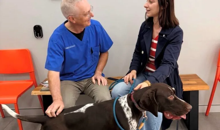 Dr Hamish talking with a client and her dog.