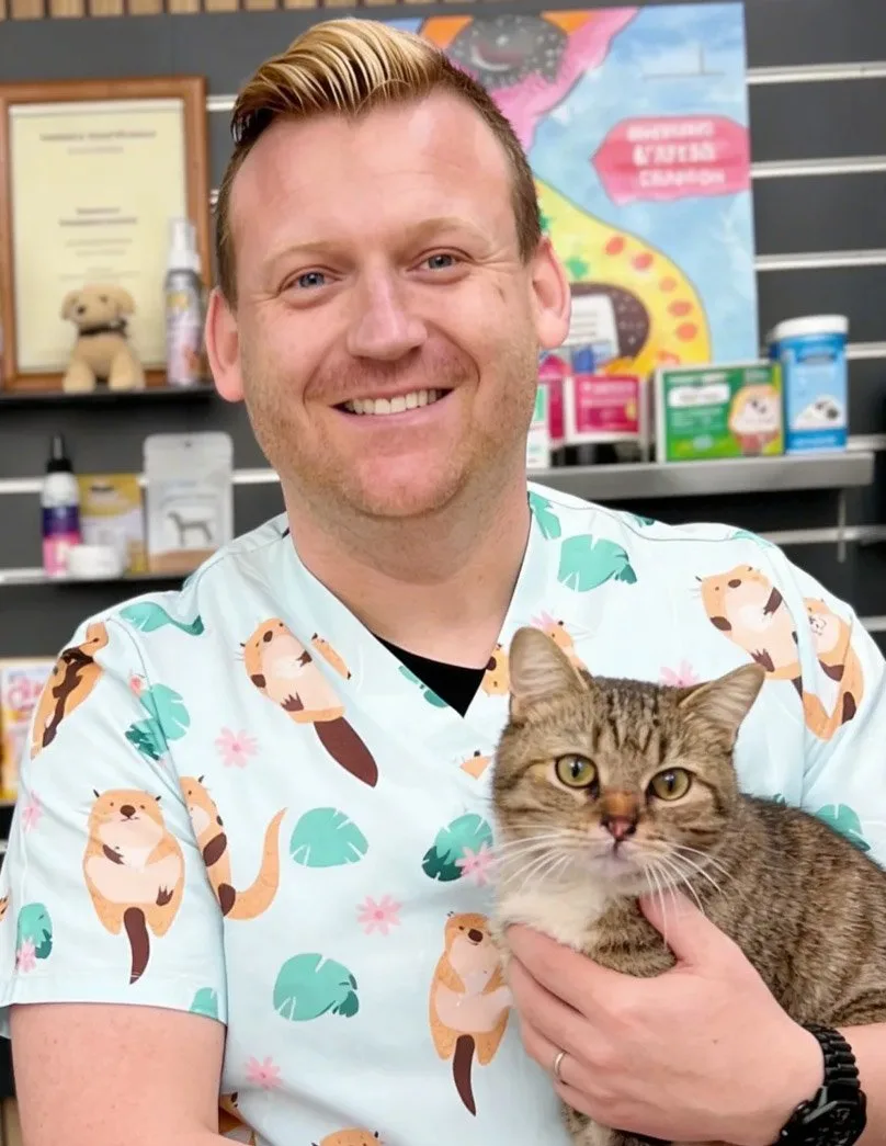 Vet nurse smiling with a cat