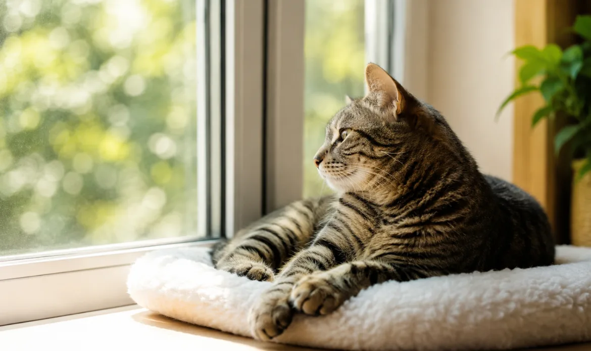 Relaxed cat looking out a window