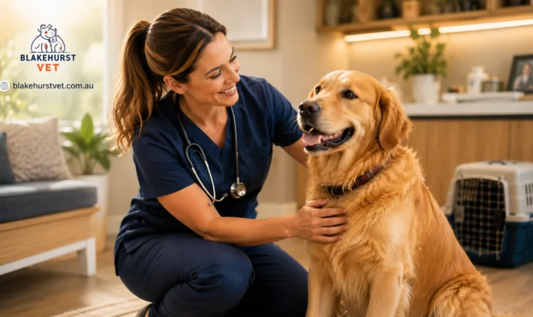 A golden retriever with its veterinarian