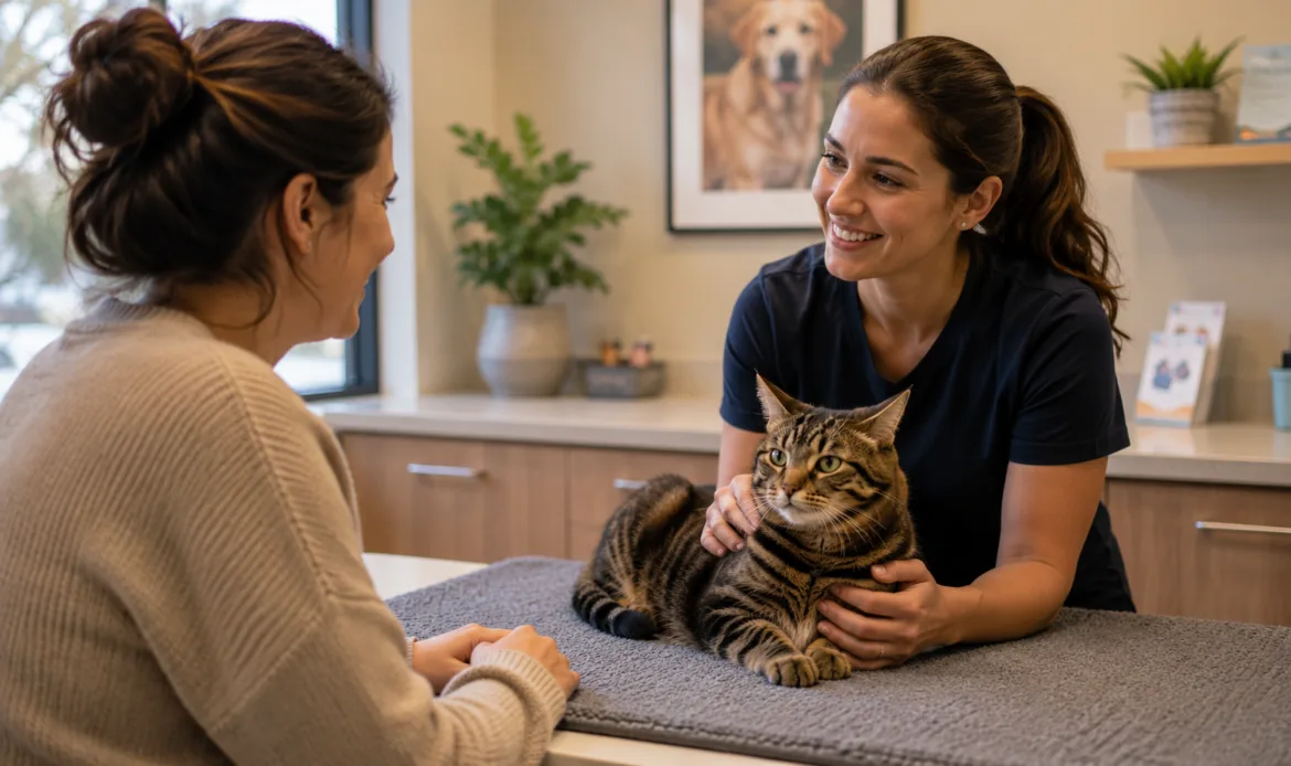 A vet nurse discussing vet options in Hurstville with a cat and its owner.