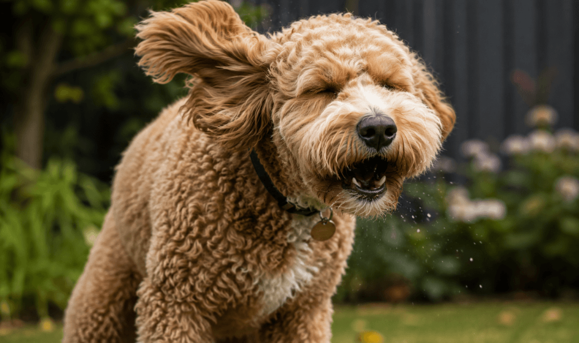 A cavoodle dog sneezing outside due to allergies.
