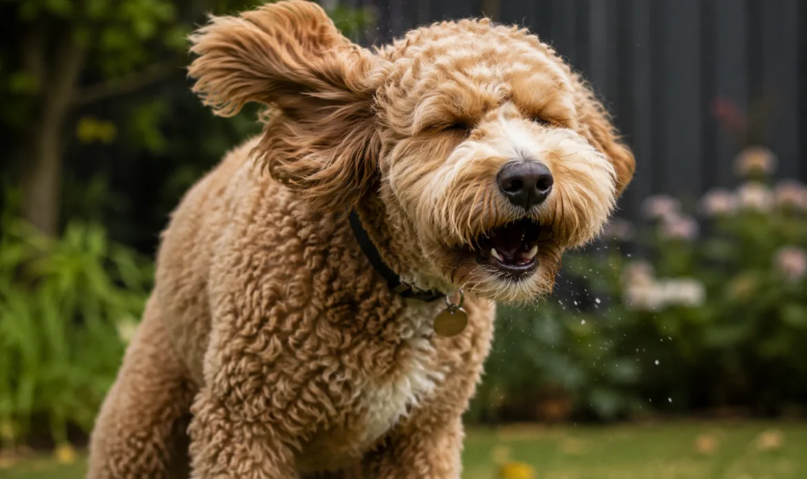 A cavoodle dog sneezing outside due to allergies.