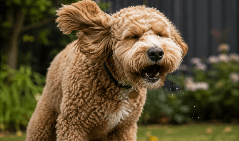 A cavoodle dog sneezing outside due to allergies.