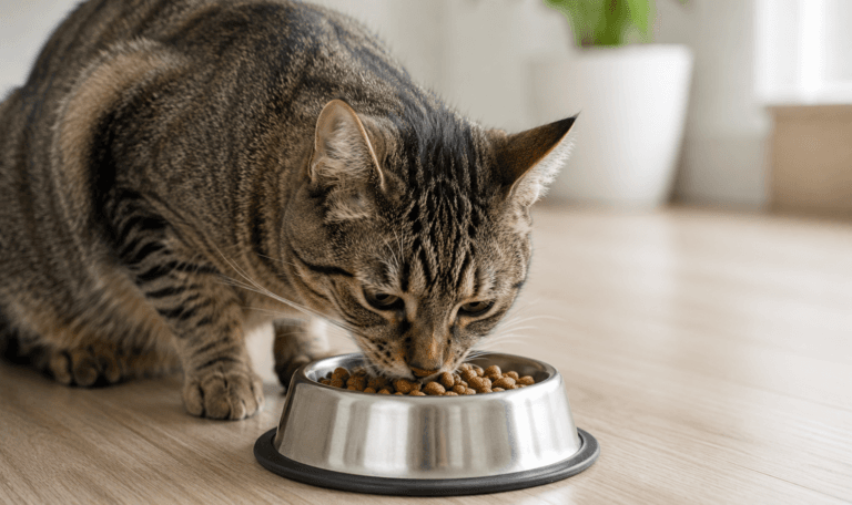 A tabby cat eats dry food from its bowl.