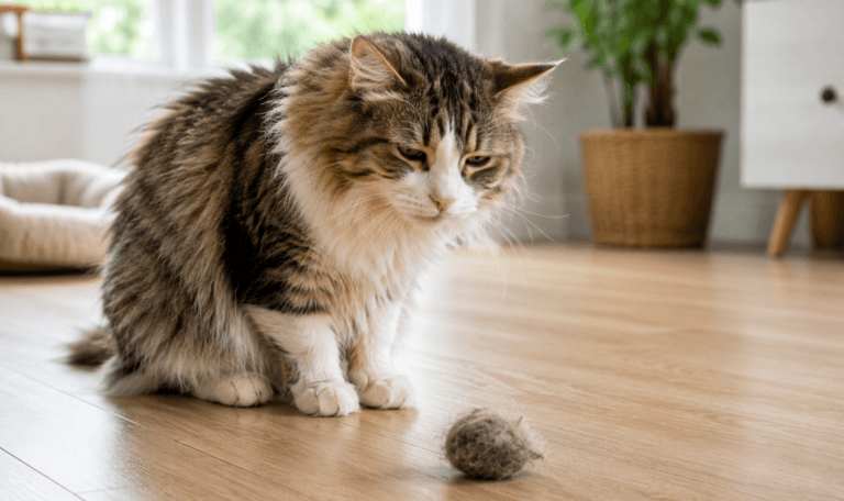 A long-haired tabby cat looking unwell as it has just vomited a hairball.