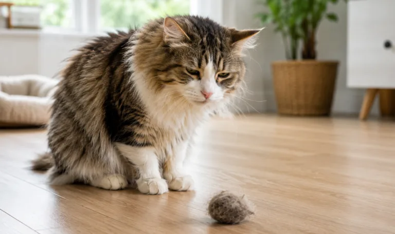 A long-haired tabby cat looking unwell as it has just vomited a hairball.