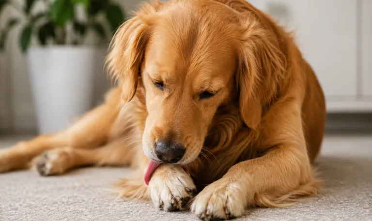A golden retriever lays down and licks his paw.