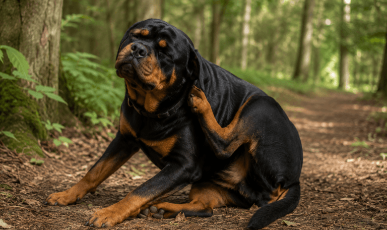 A Rottweiler dog scratching itself in the woods from fleas.