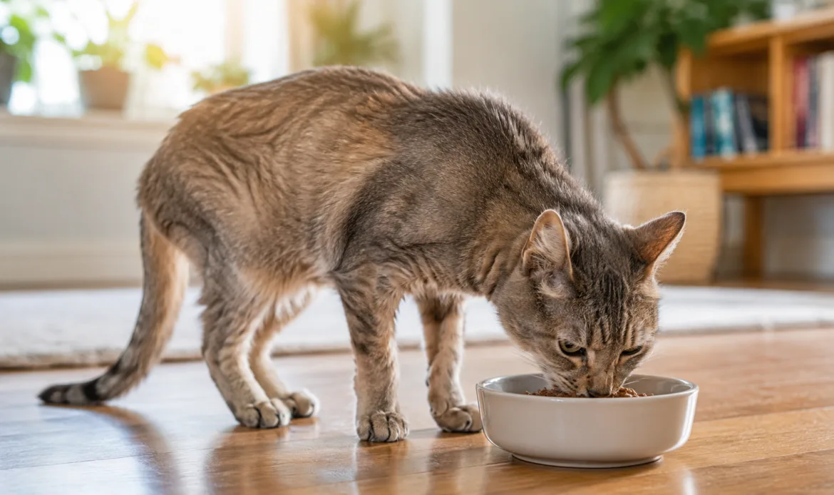A slim senior cat eating but still losing weight.