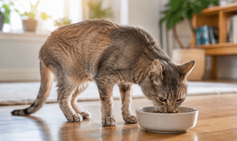 A slim senior cat eating but still losing weight.