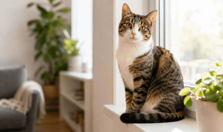 Sydney indoor cat sitting by a sunny windowsill