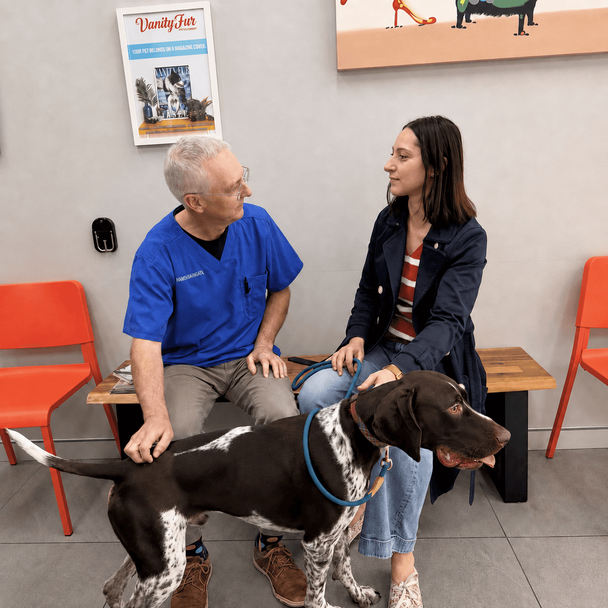 Dr Hamish having a consult her a client and her dog
